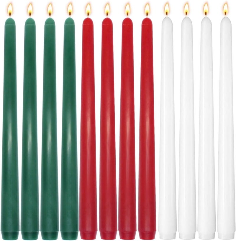 Sihuida 4 Red 4 Green and 4 White Taper Candle Set, 10 Inch Unscented Dripless Candlesticks, Long-Lasting Burn Time of 7-8 Hours, Perfect for Christmas Home Décor Dinner Party - Image 1